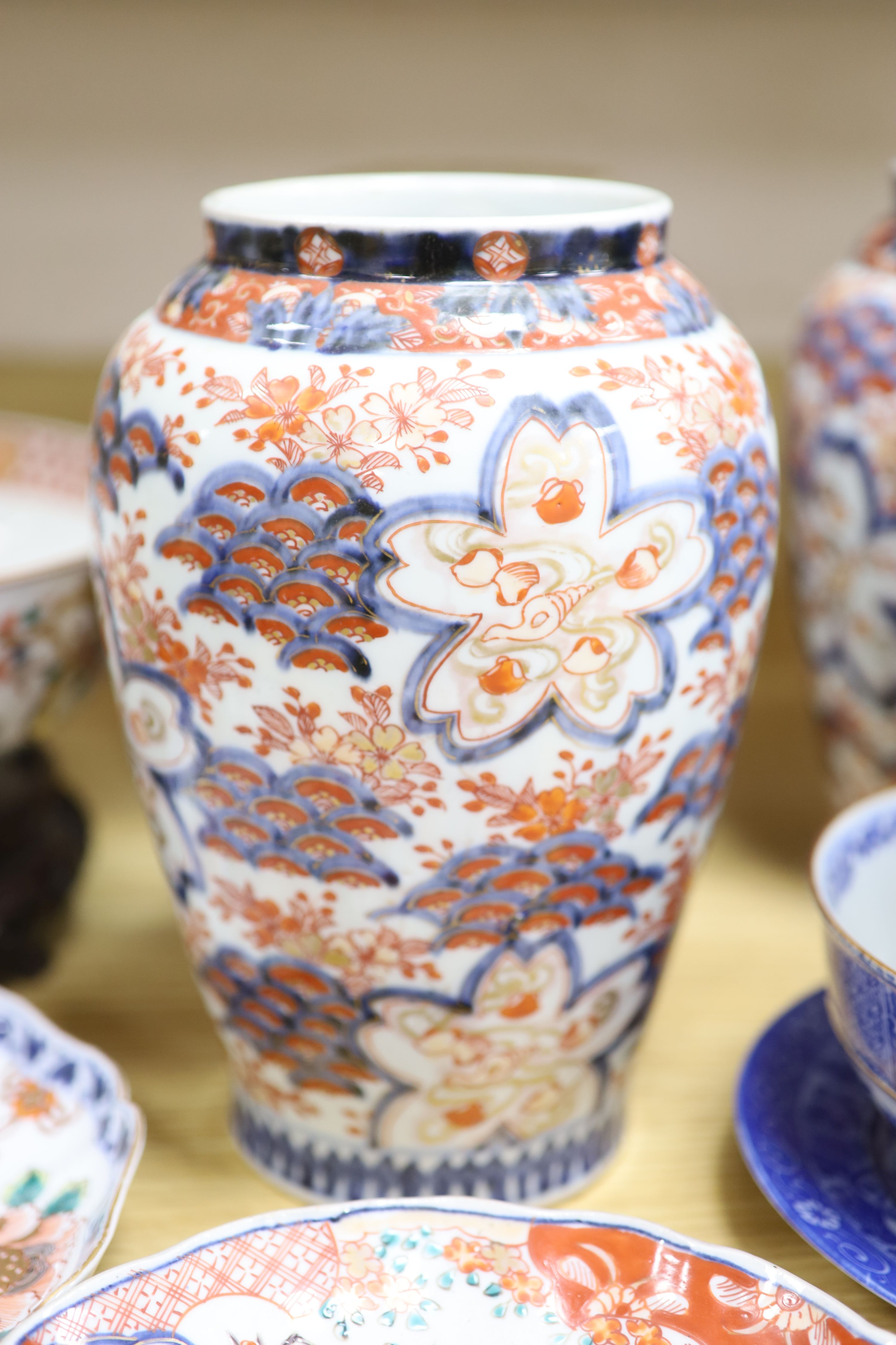 Three Japanese Imari vases, a plate and other Japanese ceramics